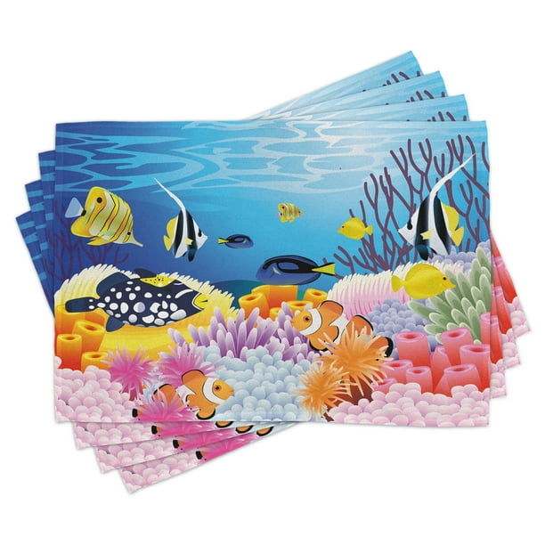 dubbele neef film Fish Placemats Set of 4 Water Life with Different Kind of Fishes Coral  Reefs and Sponges Kids Nursery Theme, Washable Fabric Place Mats for Dining  Room Kitchen Table Decor,Multicolor, by Ambesonne -