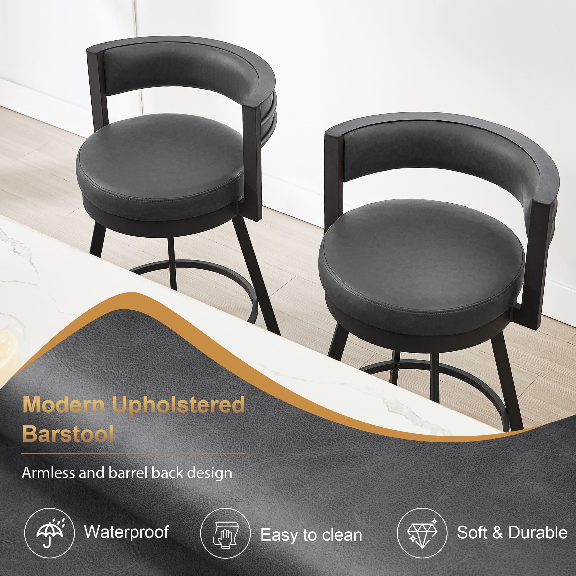 Zesthouse 26.6″ Swivel Bar Stools Set of 2, Faux Leather Upholstered Counter Stools with Barrel Back and Metal Legs, Modern Counter Height Barstools for Kitchen Island, Dark Gray