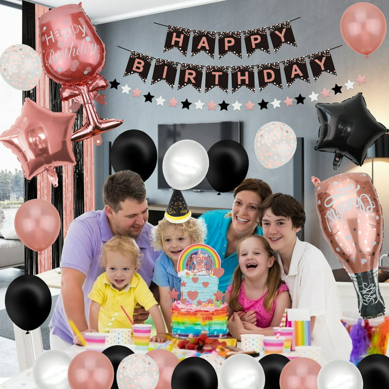 Rose Gold and Black Party Decorations - Happy Birthday Banner, Balloons,  Fringe Curtains, Tablecloth and Cake Topper for 1st 16th 21st 30th 40th  50th Girls Rose Gold and Black Birthday Party Supplies 