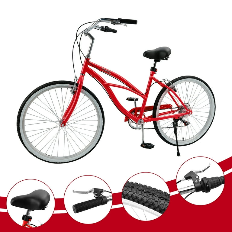 ARTUDATECH 26 Inch Women Beach Cruiser Bike Shimano 7 Speed Shifter Adult Hybrid Bike Commuter Bicycle High Tensile Steel with Adjustable Handlebar Pink Blue Red Green White Walmart