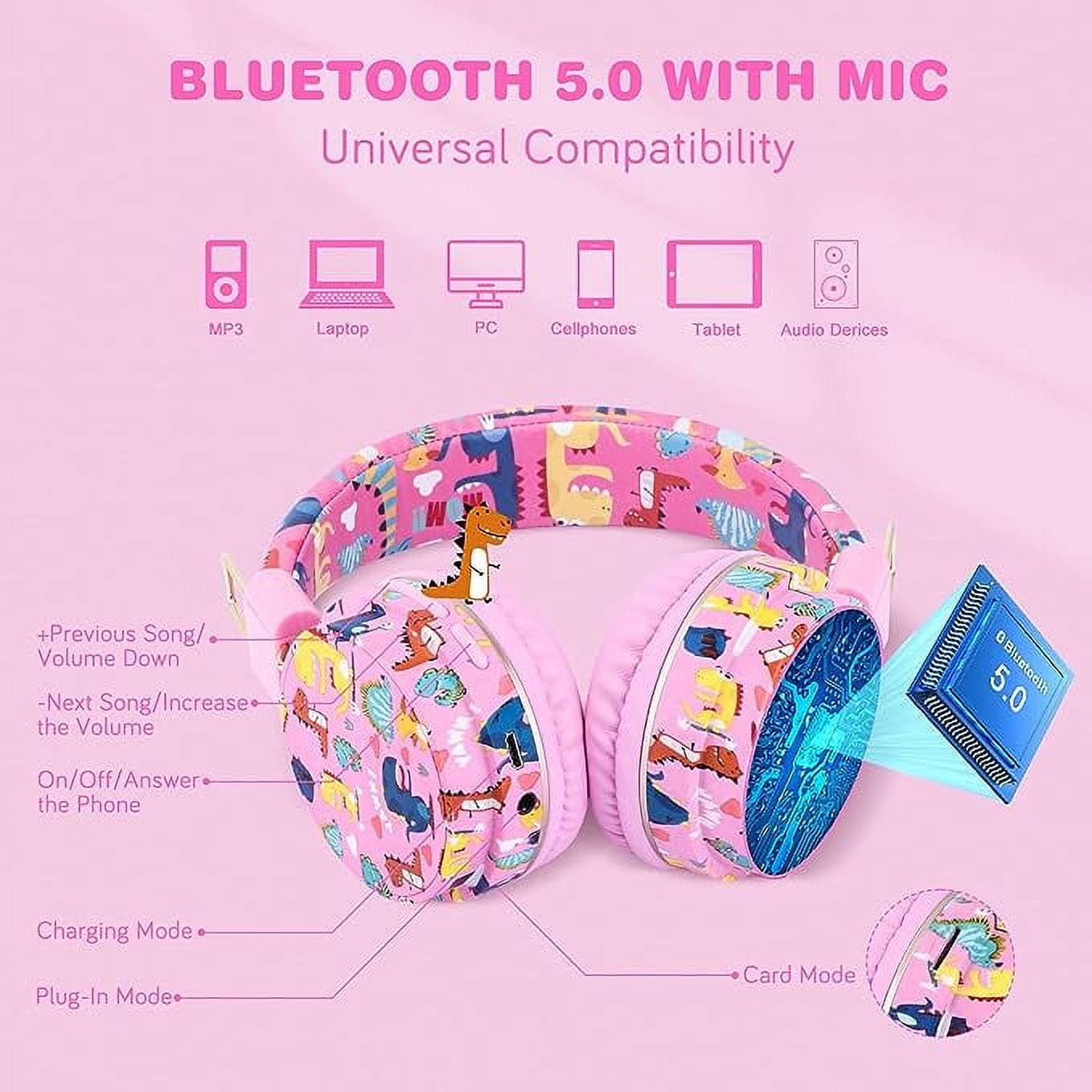 Cute Kids Headphones Wireless, Dinosaur Headphones Gifts for Girls, Childrens Bluetooth Headphones with Microphone, Toddler Headphone Over Ear for Age 2 up, Compatible with Fire Tablet (pink-dino)