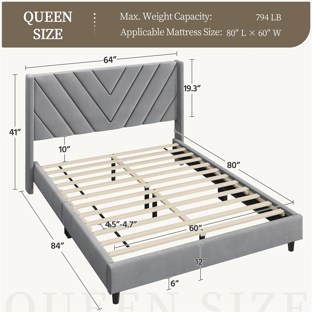 Renwick Queen Size Upholstered Platform Bed Frame with Tufted Headboard, Light Gray, Adult