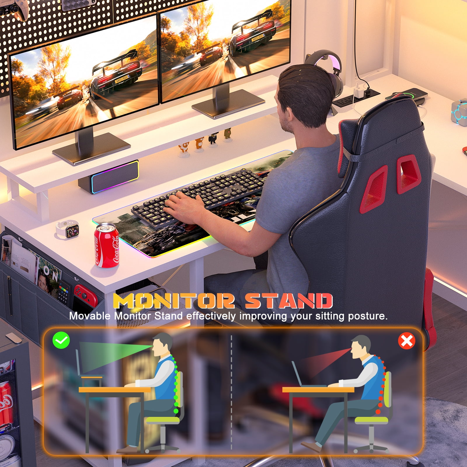 Homieasy L Shaped Computer Desk with Power Outlets & LED Lights, Ergonomic Gaming Desk with Monitor Stand & Storage Shelf, Reversible Corner Desks Home Office Desk with Storage Bag, White