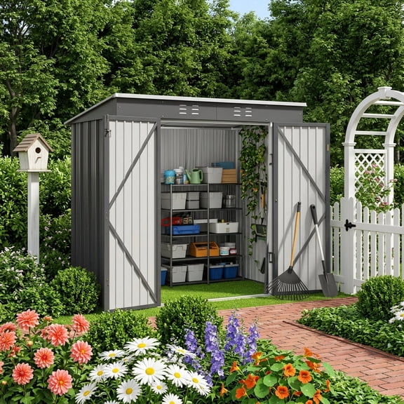 6x4 ft Outdoor Storage Shed on Sale, Sheds & Outdoor Storage with Lockable Doors, Metal Garden Shed by Durable Galvanized Steel for Patio, Lawn, Dark Gray