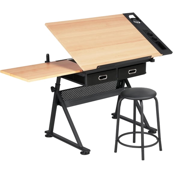 Height Adjustable Drafting Table Drawing Table Artist Desk Tilting Tabletop Art Craft Desk Watercolor Paintings Sketching Work Station w/2 Storage Drawers and Stool for Home Office