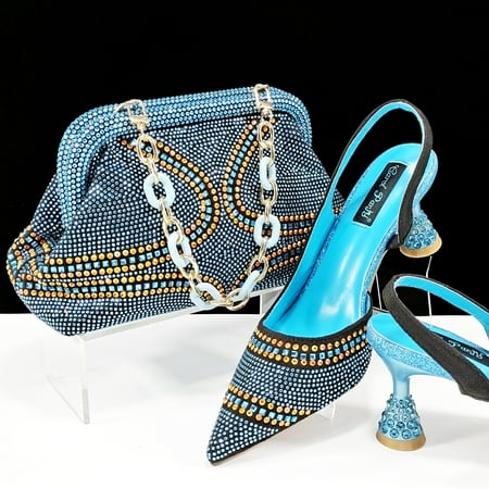 QSGFC Sky blue Pointed Toe 2024 New Arrivals Women High Heels Sexy Ladies Shoes and Bag to Match Italian Pumps for Wedding