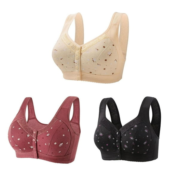 3 Pack Everyday Sleep Bras - Nature Cotton Soft Cup Wireless Front Button Snap Close Seamless Padded Bras for Women