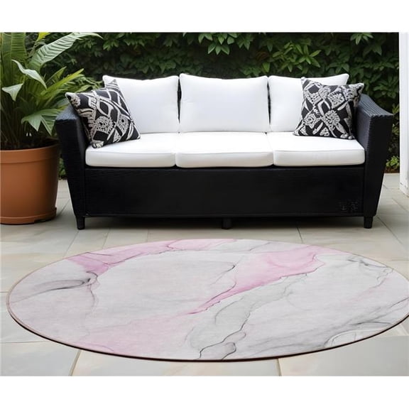 HomeRoots 560189 8 ft. Round Gray & Pink Round Abstract Washable Non Skid Indoor Outdoor Machine Woven Area Rug