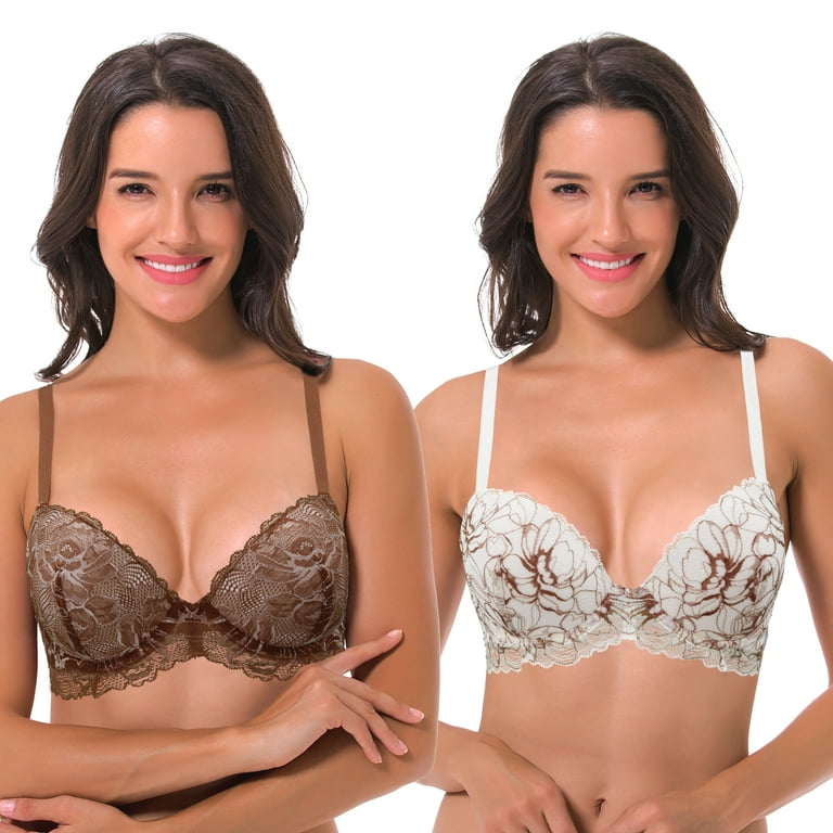 Curve Muse Women's Underwire Plus Size Push Up Add 1 and a Half Cup Lace  Bras-2PK-Cream/Brown,Brown/Rose Gold-44DDD 