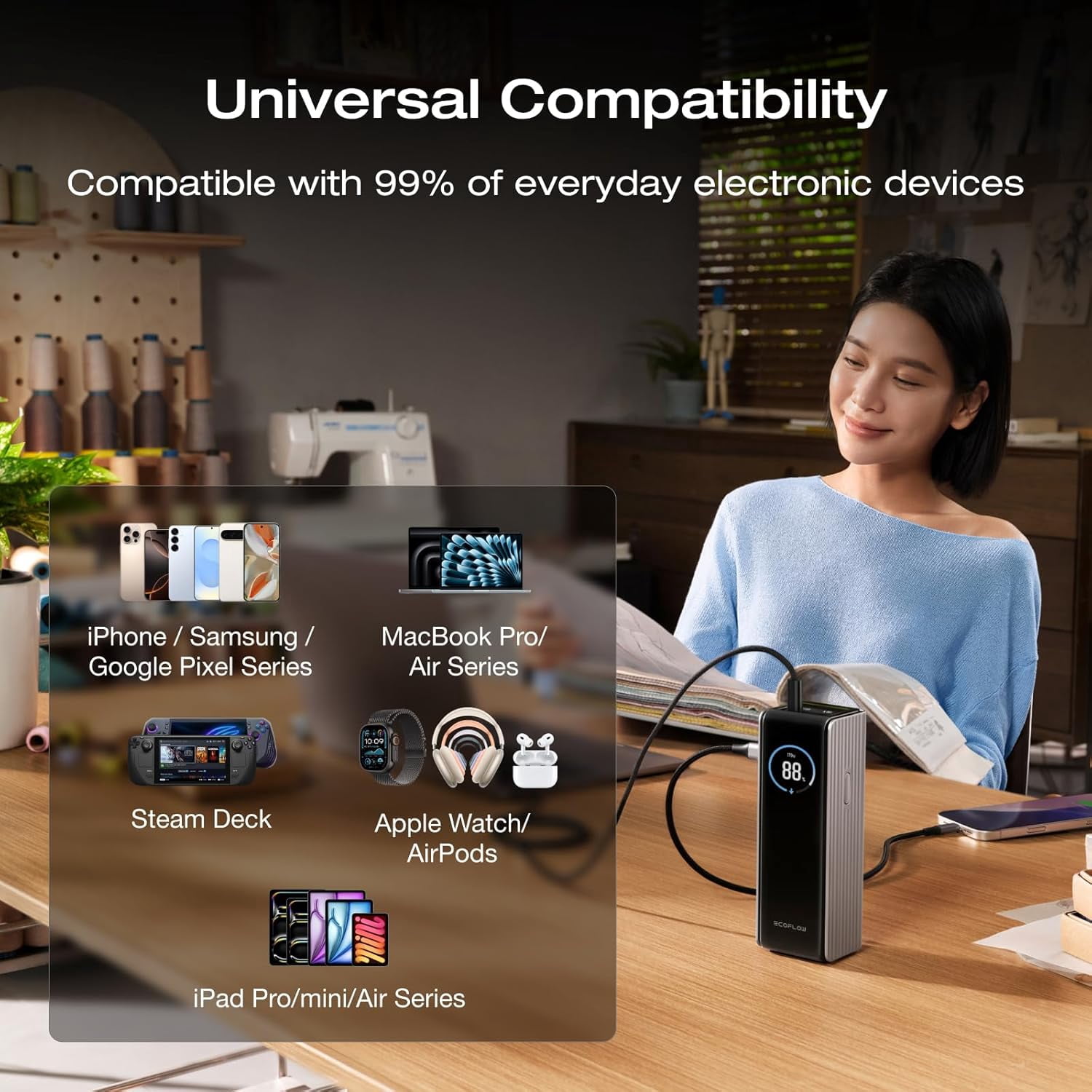 EF EcoFlow Rapid Power Bank 25,000mAh, 170W Portable Charger with Dual 140W USB-C Ports for Multi-Device Charging, Smart TFT Screen, Compatible with iPhone Series, Samsung, Laptop and More (Silver)