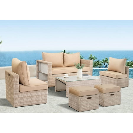 Clearance 6 Pieces Outdoor Patio Sofa Furniture Sets Segmart Conversation Sofa Sets With Loveseat 2 Single Armless Sofas 5 Mm Tempered Coffee