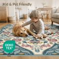 thumbnail image 4 of ODIKA 4'x6' Teal Blue Floral Lattice Design Washable Area Rug Ornate Botanical with Elegant Borders Pet Friendly, Non-Shedding for Bedroom, Reading Nook, 4 of 7