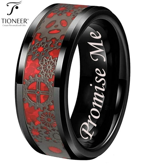 Tioneer Tungsten Carbide Wedding Band Ring Steampunk Gears Red Carbon Fiber Inlay 8mm Promise Me Engraved