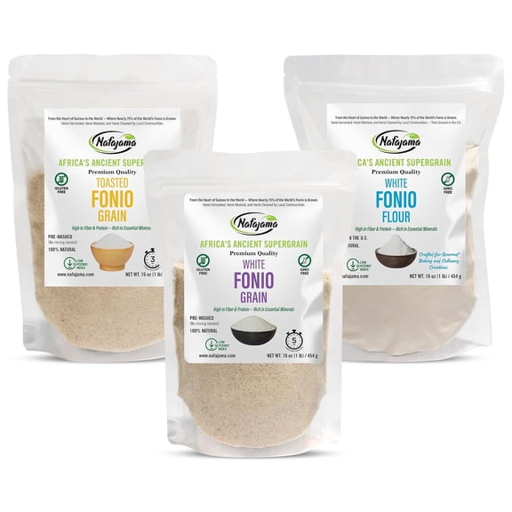 Nafajama Premium Fonio Variety 3 Packs-3lb, White Fonio Grains & Toasted Fonio Grain Organic, White Fonio Flour | Gluten-Free Ancient Grain | Non-GMO, Vegan, High-Fiber Rice Alternative