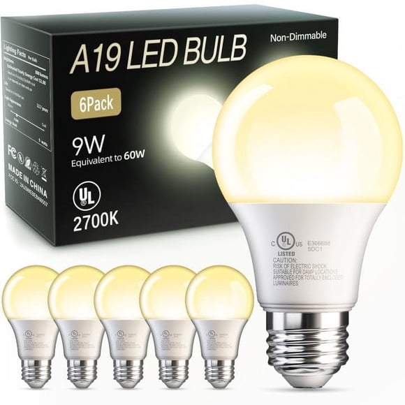 Bombillas LED TJOY A19 9W 2700K blanco suave, paquete de 6, base E26, 120V