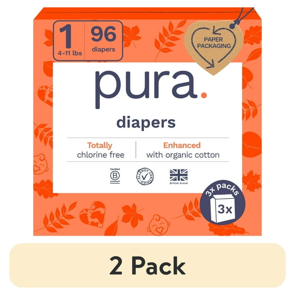 (2 pack) Pura Sensitive Soft Sustainable Baby Diapers Size 1, 96 Count (Choose Your Size and Count)