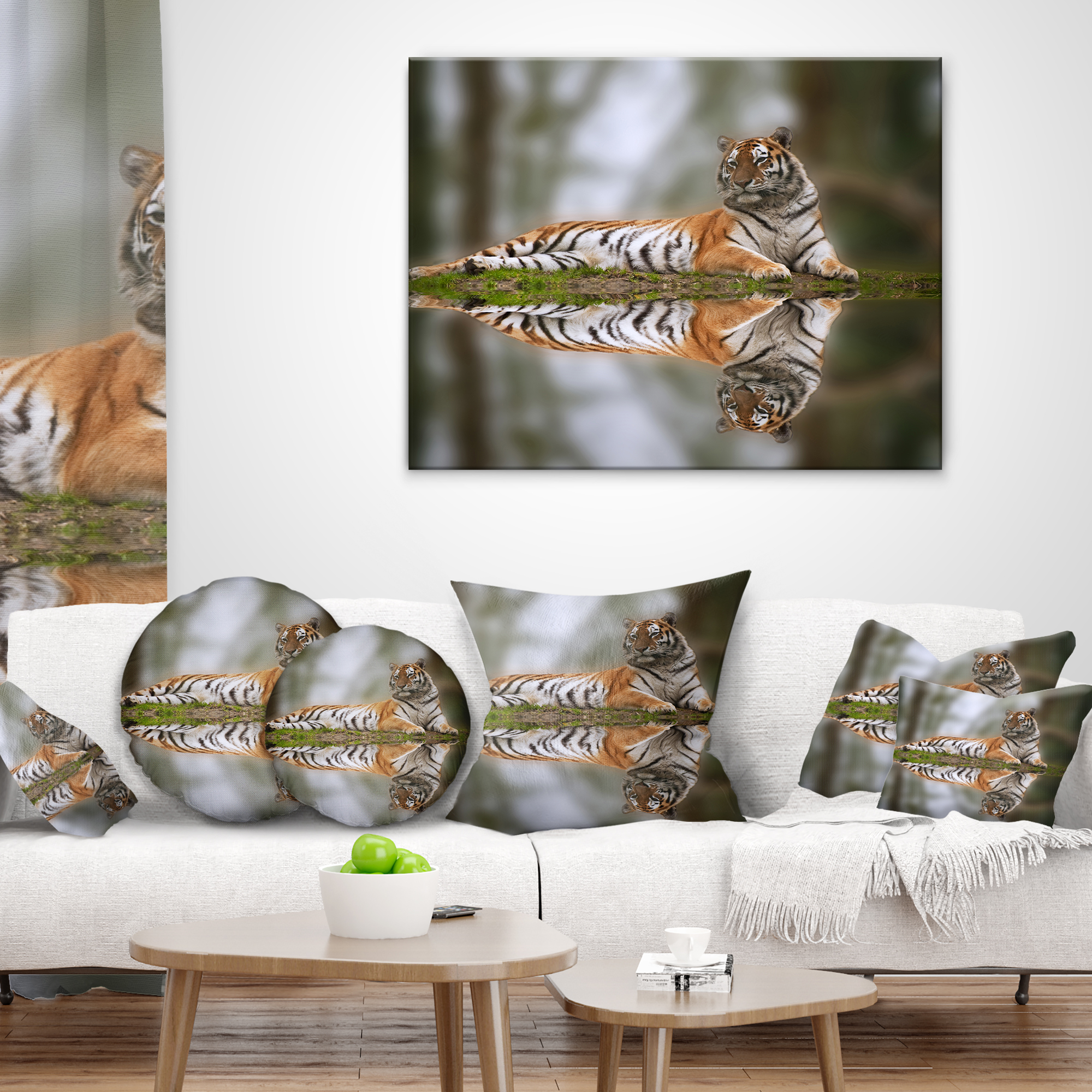 Designart Tiger Reflecting in Water - Animal Throw Pillow - 12x20