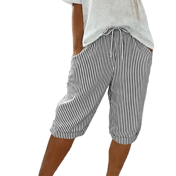 Pantalones Sueltos de Pierna Ancha para Mujeres Pantalones Cortos Sueltos Elásticos de Raya Casual Pantalones Cortos de Pierna Ancha Recta con Bolsillo