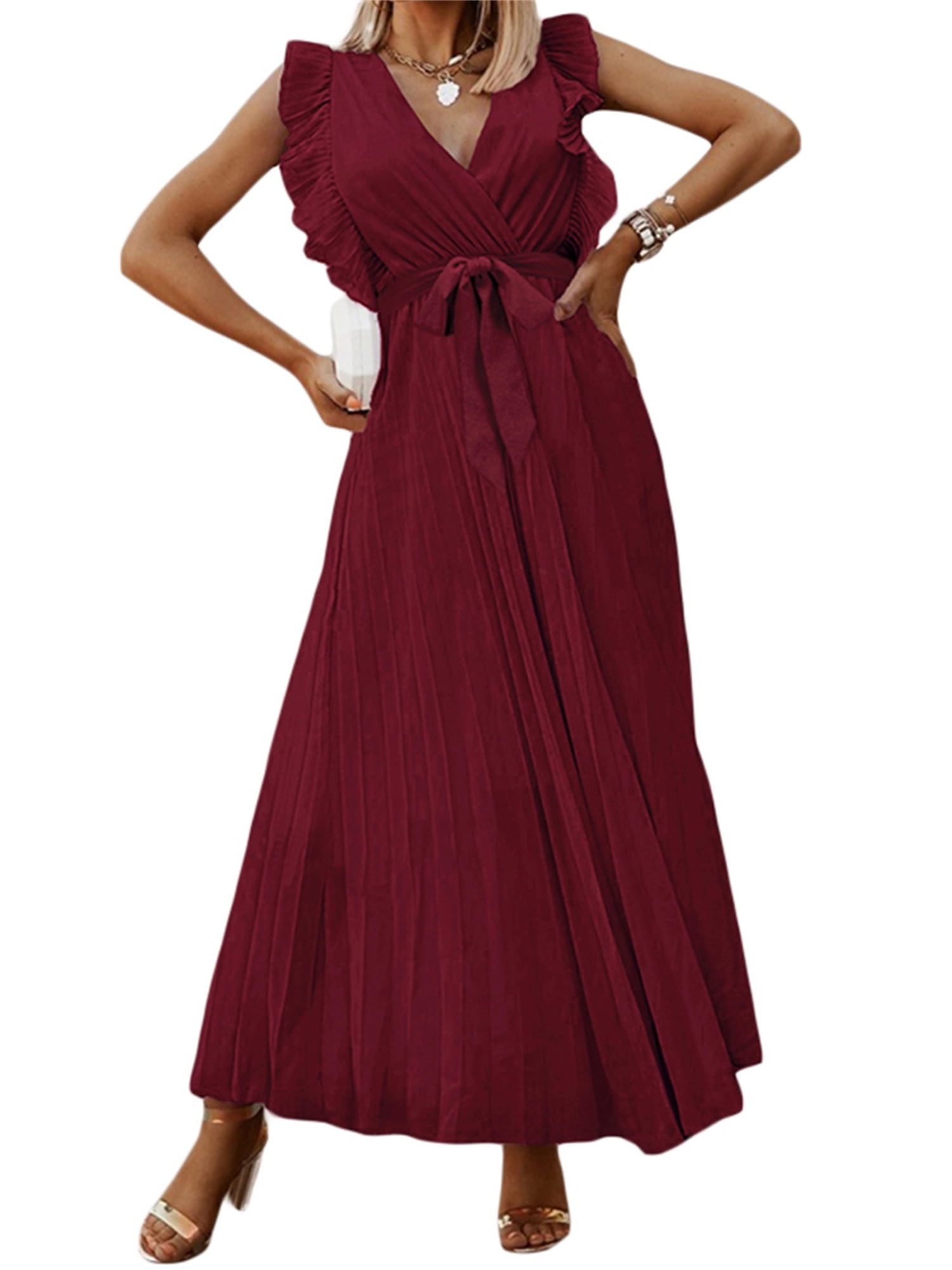 Women’s V-Neck Maxi Summer Dress with Tie Belt
