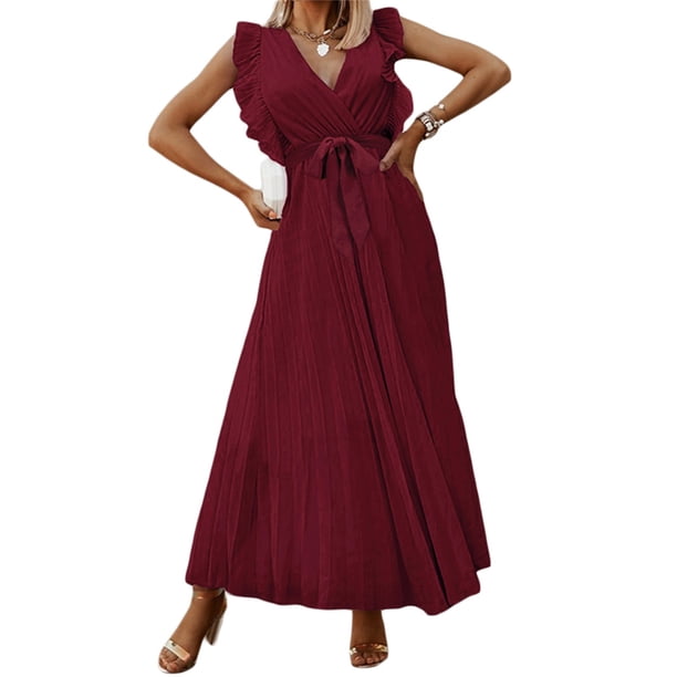 SAYOO Vestidos Largos de Manga con Volantes con cinturón para Mujer Verano, Vestidos de Gasa Plisados con Cuello en V de Color Sólido Casual SAYOO casual