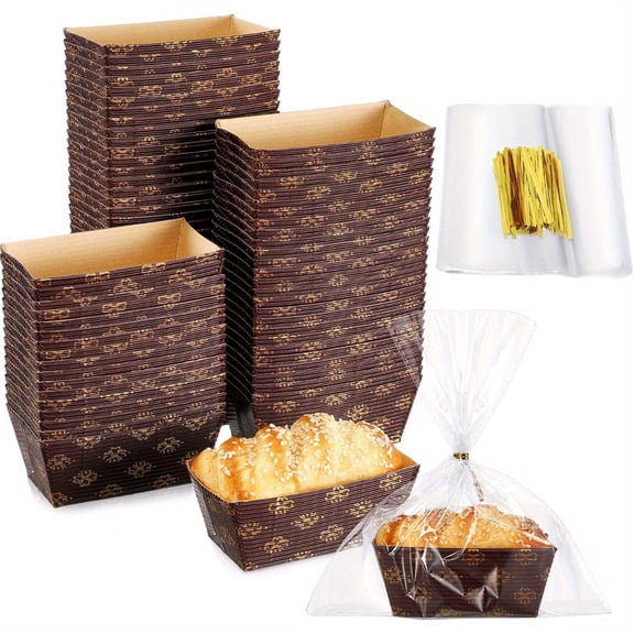100 Pcs Mini Disposable Paper Loaf Pan Set with 50pcs Disposable Paper Loaf Pan 50pcs Clear Plastic Bread Bags, for Wedding, Birthday, Garden, Party, Restaurant, Kitchen, Bakery Supplies