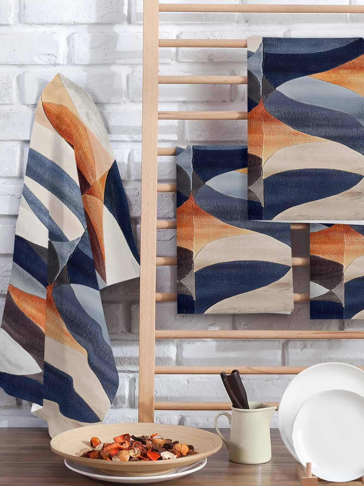 Navy Blue Burnt Orange Hand Towels Set, Waffle Weave Kitchen Towels 4 Pieces, Retro Geometric Abstract Microfiber Hair Face Bath Tea Towel Absorbent Quick Drying Cleaning Dish Cloths, 15.7"x23.6"
