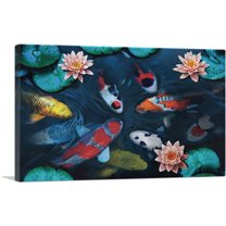 ARTCANVAS Gold Red Koi Carp Fish Pond Leaves Lotus Flower Canvas Art Print - Size: 18" x 12" (0.75" Deep)