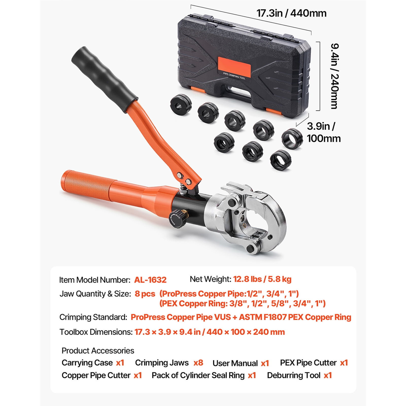 KFFKFF Hydraulic Copper Pipe Crimping Tool with Multiple Jaws for Copper Tubes and PEX Pipes - Includes Carrying Case