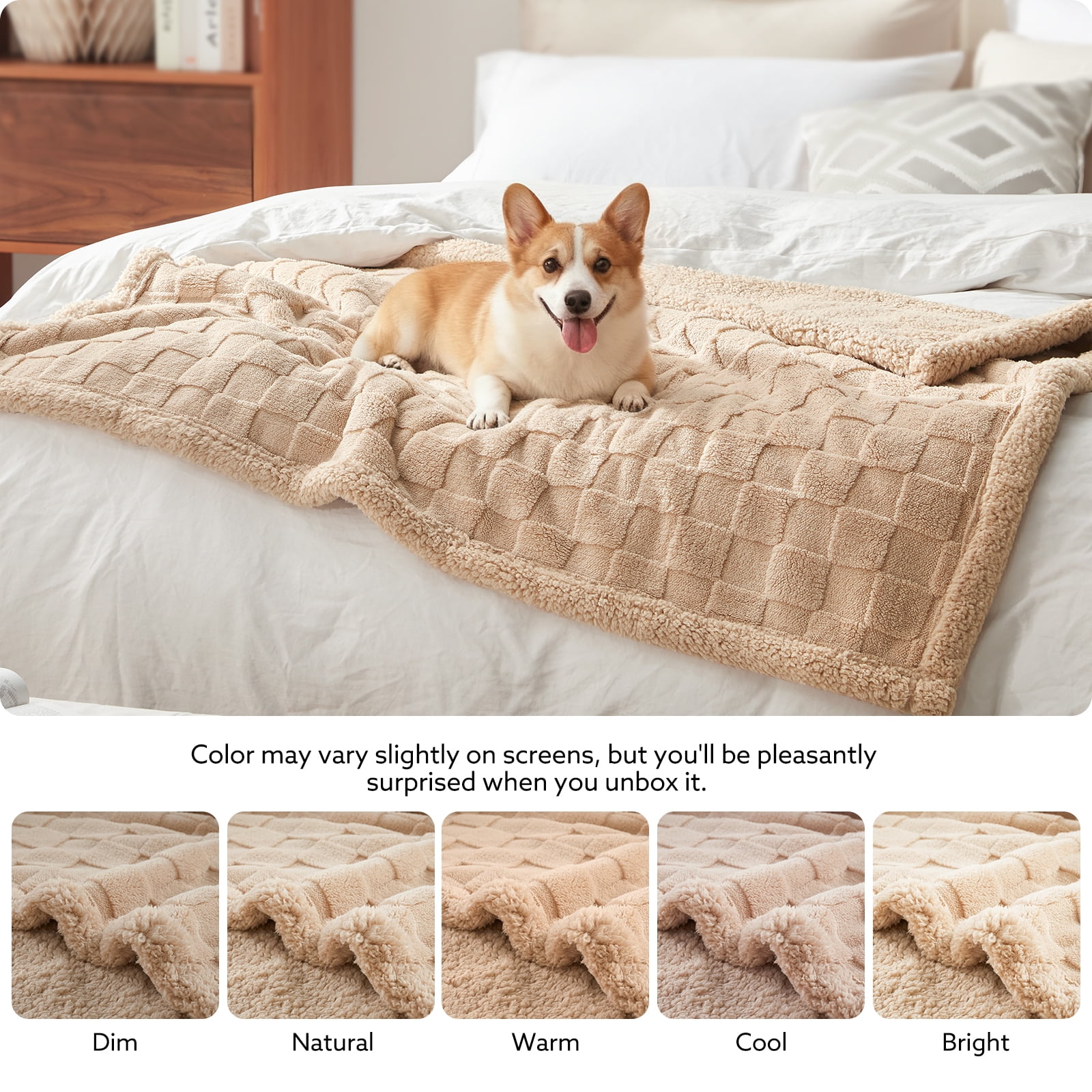 Pet Checkered Fleece Throw Pet Blanket for Couch, Plaid Jacquard Fluffy Blanket for Fall and Winter, Soft Warm 3D Design, Living Room Decor, Light Brown, XXL