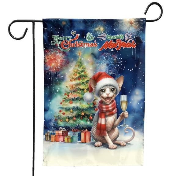Merry Christmas and Happy New Year Santa Sphynx Holiday Xmas Winter 2025 Garden Flag 12x18in Double Sided Cat Lover Kitten Owner Gifts Idea Outdoor Decor - 00024