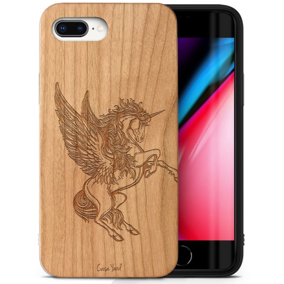 Case Yard Wooden Case Outside Soft TPU Silicone, Slim Fit Shockproof Wood Protective Phone Cover for Girls Boys Men and Women, Supports Wireless Charging Pegasus Design case for iPhone-8-Plus