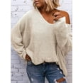 thumbnail image 4 of Women'S V Neck Long Sleeve Knit Loose Oversized Pullover Sweater Top Cream White XL, 4 of 5