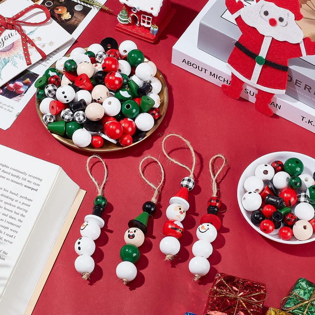 216 Pcs Christmas Wood Beads Cloumn Beads Cone Beads Round Beads Smooth Wooden Beads Handmade Loose Wood Spacer Beads Colorful Beads with Holes for Christmas DIY Crafts Jewelry Making