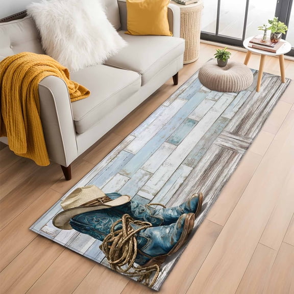 Runner Rug 2'x6', Western Cowboy Boots Washable Non-Slip Hallway Runner Rugs, Vintage Country Blue Wooden Bedside Rugs Floor Mats Carpet Runners for Kitchen Bathroom Laundry Room