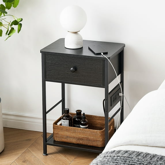 Nightstand with Drawer and Storage Rack, End Table Side Table Beside Table Nightstand for Bedroom, Living Room, Sofa Couch, Hall, Easy Assembly (Black, 1 Pack)