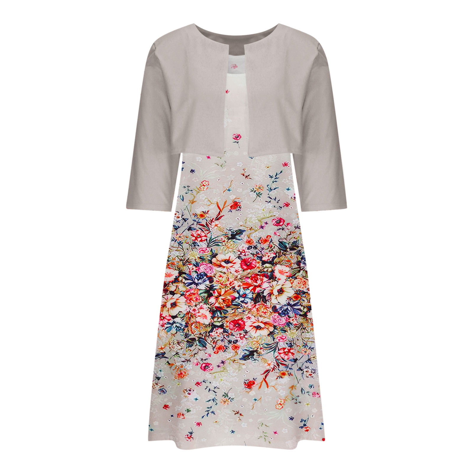 Edvintorg Dress Sets Women's Summer Printed Round Neck Elegant A Line Sling Dress and Half Sleeve Cardigan Tops Set Suit Vacation Two Piece Set