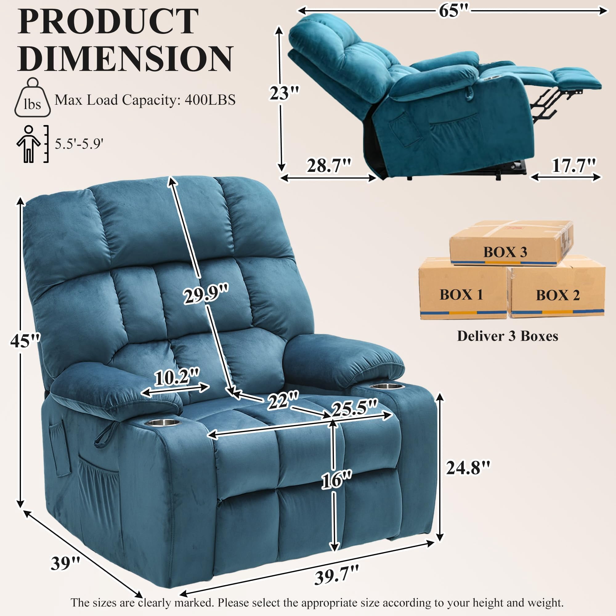 Oversized Power Recliner Chair for Big Man 400 LBS, 25" Extra Wide Electric Lift Chair with Heat and Massage, Cup Holders, Overstuffed Velvet Stand Up Recliner Lift Chairs for Elderly