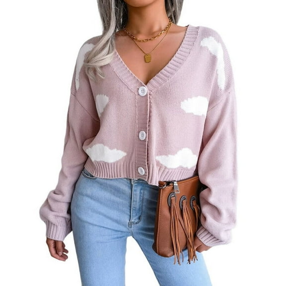 Women'S Casual Elegant Cloud Print Cropped Button Front Long Sleeve V Neck Knit Cardigan Pink S