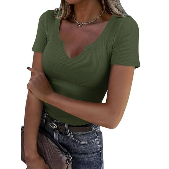 Women Tops V Neck Shirts Short Sleeve Casual Ribbed Slim Fitted T Shirts for Summer