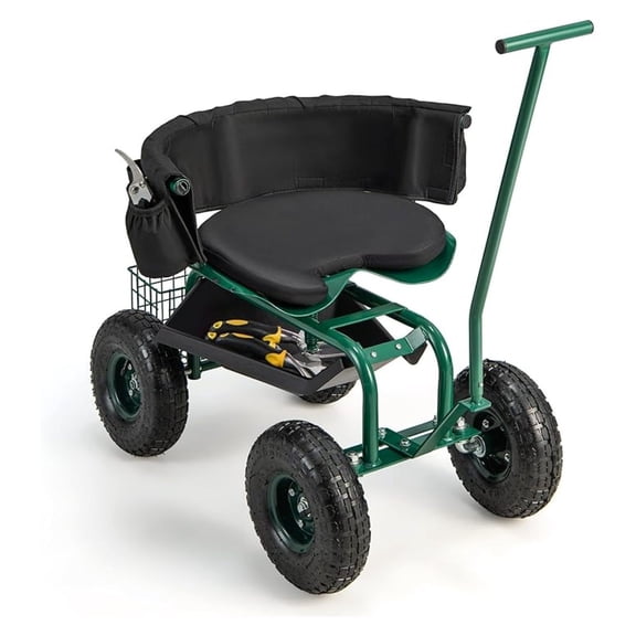 Garden Cart with Seat, Gardening Rolling Stool Scooter w/ 10’’ All- Wheels, Replaceable Handle & Removable Cushion for Planting, Outdoor Gardening Work Seat for Patio, Yard