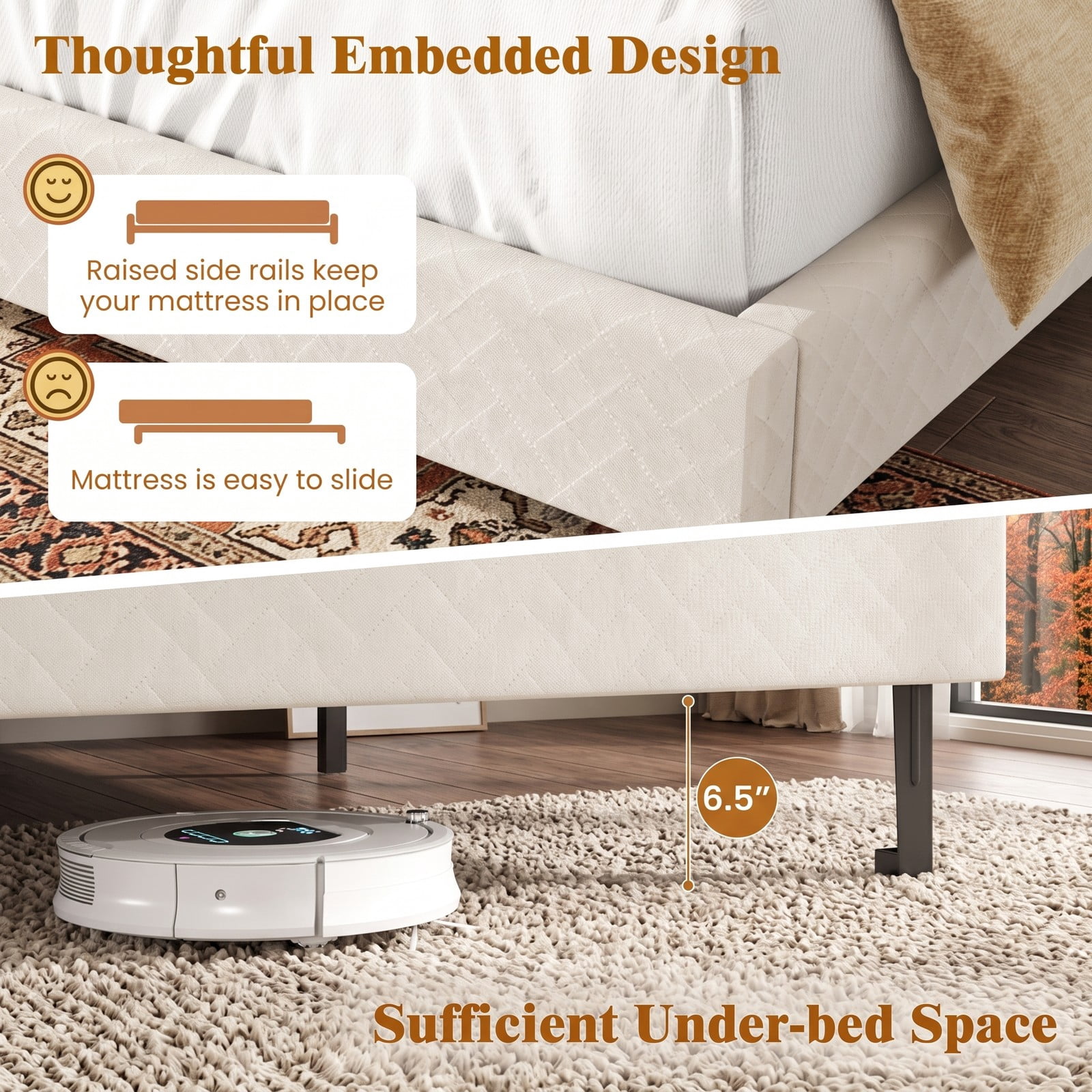 Furnibear Velvet Upholstered Platform Bed Frame with Height Adjustable Chevron Headboard and Wooden Slats for Bedroom, Beige