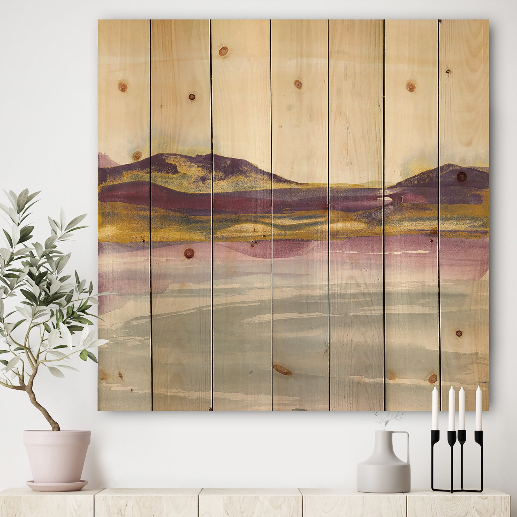 Designart 'Painted Purple and Gold Landscape II' Shabby Chic Print on Natural Pine Wood