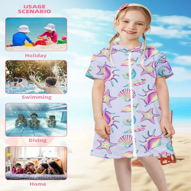 OUSITAID 1 Piece Sea Shell Girls Swim Cover Up Kid Hooded Zip Up Terry Swimsuit Cover Up Towel Bathing Suit Bathrobe Pool Swim Wearable Beach Robe Dress Walmart