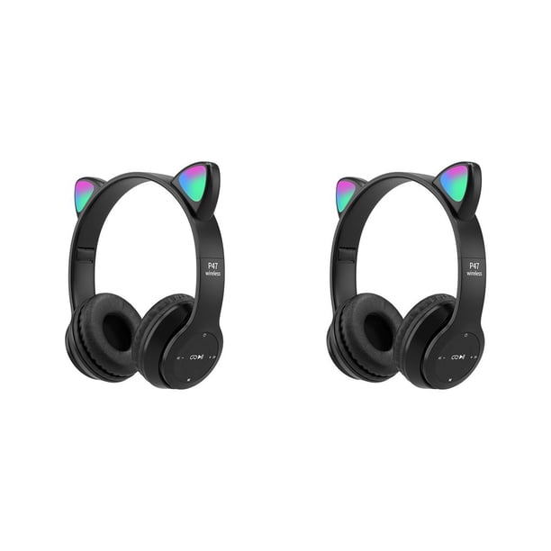 Moyic Auriculares con orejas de gato, auriculares para juegos de ordenador montados en la cabeza de dibujos animados, sonido estéreo negro 2Conjunto