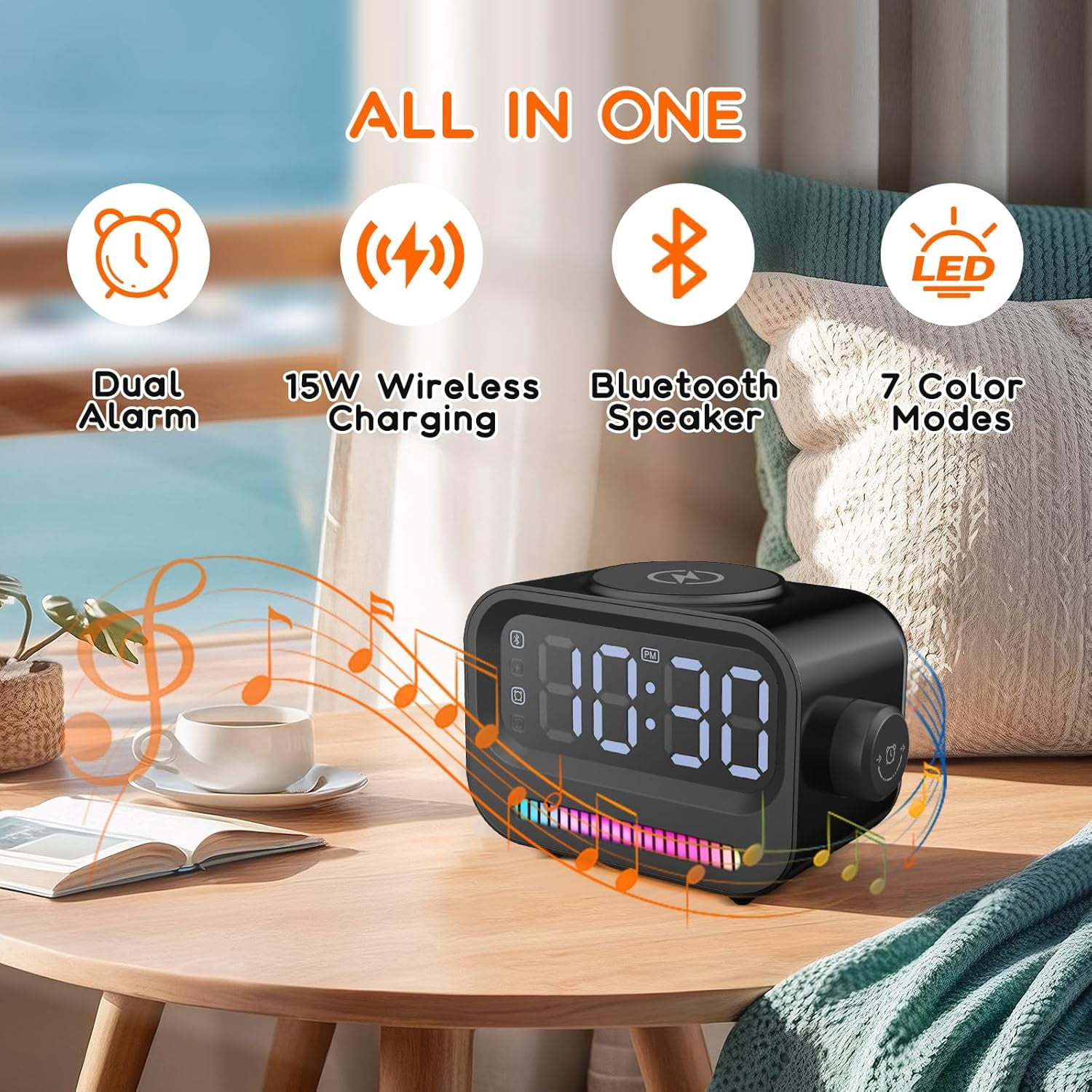 Alarm Clock with Wireless Charging, 3 in 1 Bluetooth Speaker, Digital Alarm Clock with RGB Light Clock and Speaker, LED Large Display Digital Alarm Clock for Teens Girls Boys (Black)