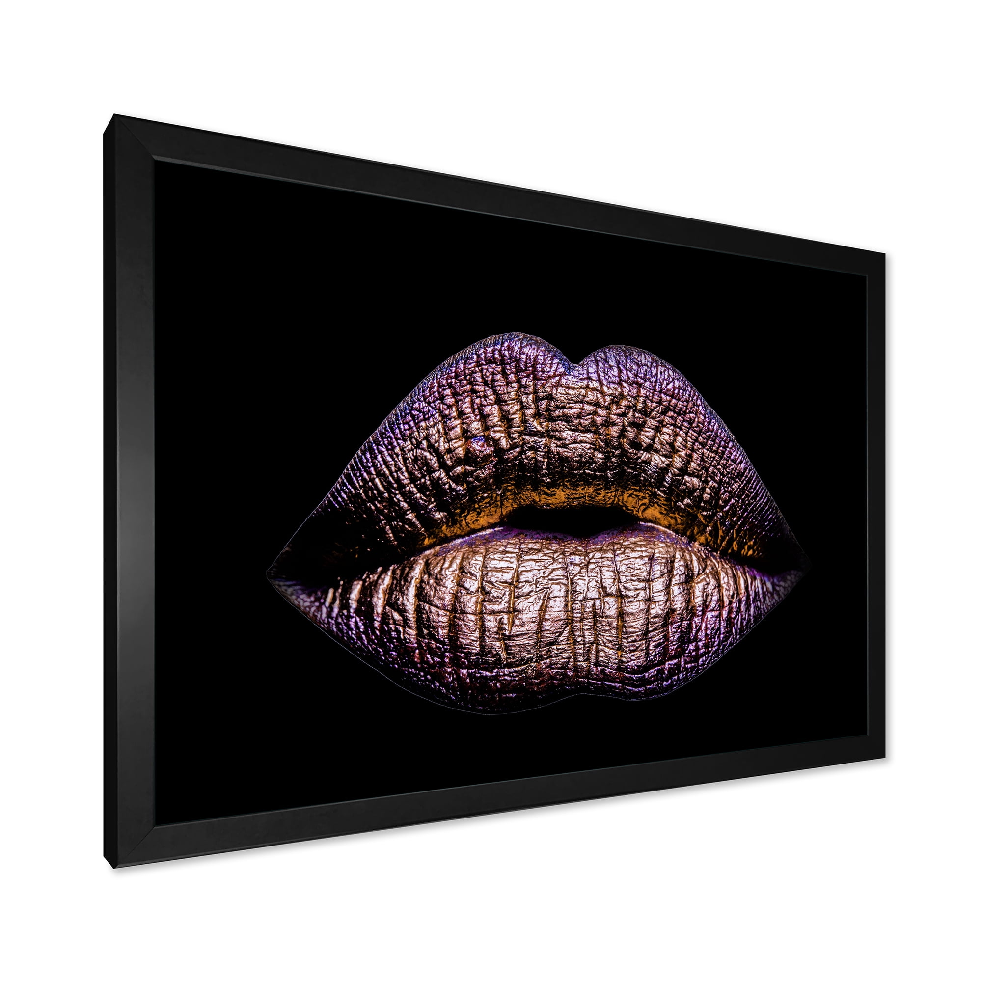 Designart 'Sexy Golden Metallized Woman Lips V' Modern Framed Art Print