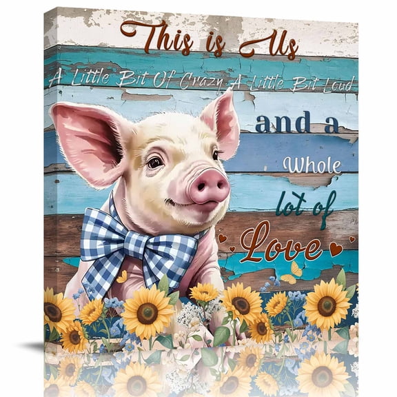 Framed Canvas Wall Art for Living Room Farm Piggy Sunflower Wall Decor, Blue Wood Grain Pig Animal Aesthetic Paintings for Bedroom Office Kitchen, Ready to Hang Artwork Wall Pictures 8x8 Inch