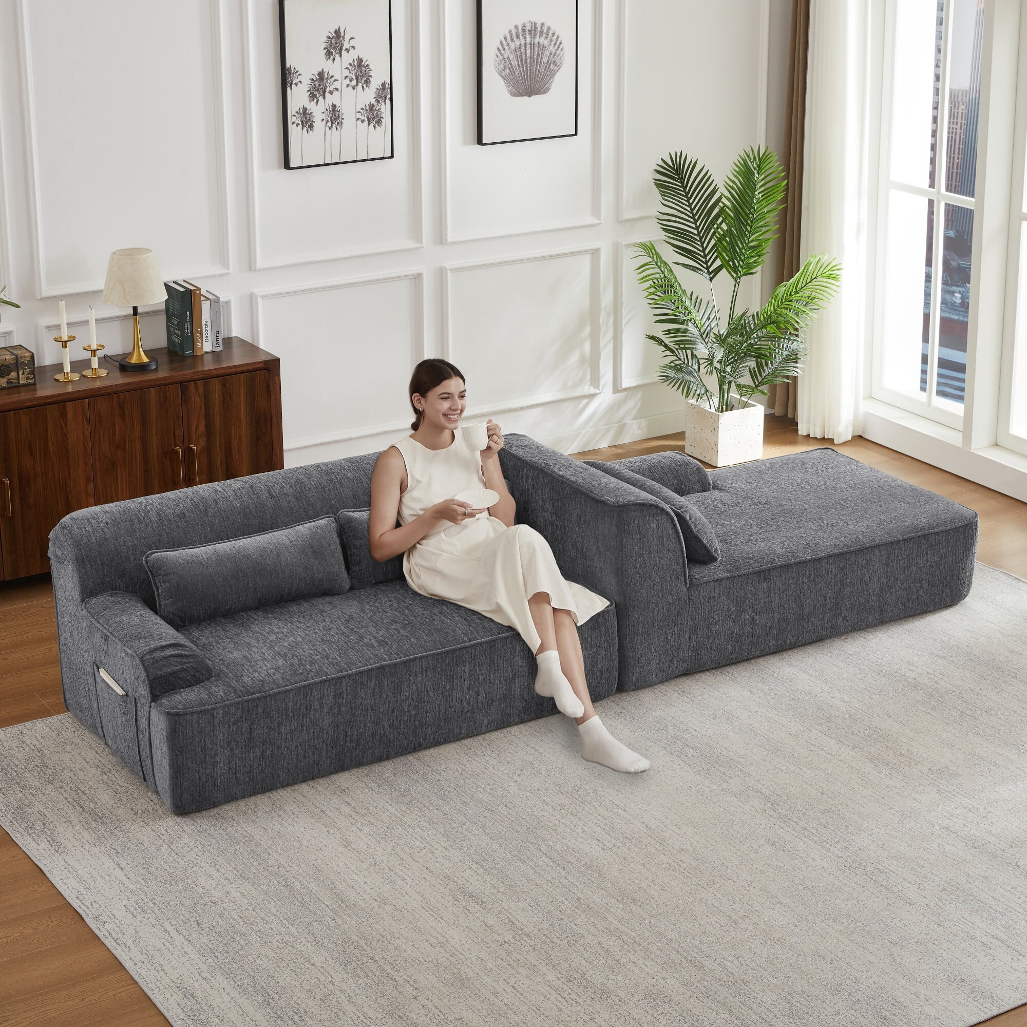 DEALTOPS Convertible L-Shaped Sectional Sofa with Right Chaise – Chenille & Foam Material, Storage Pockets, Gray