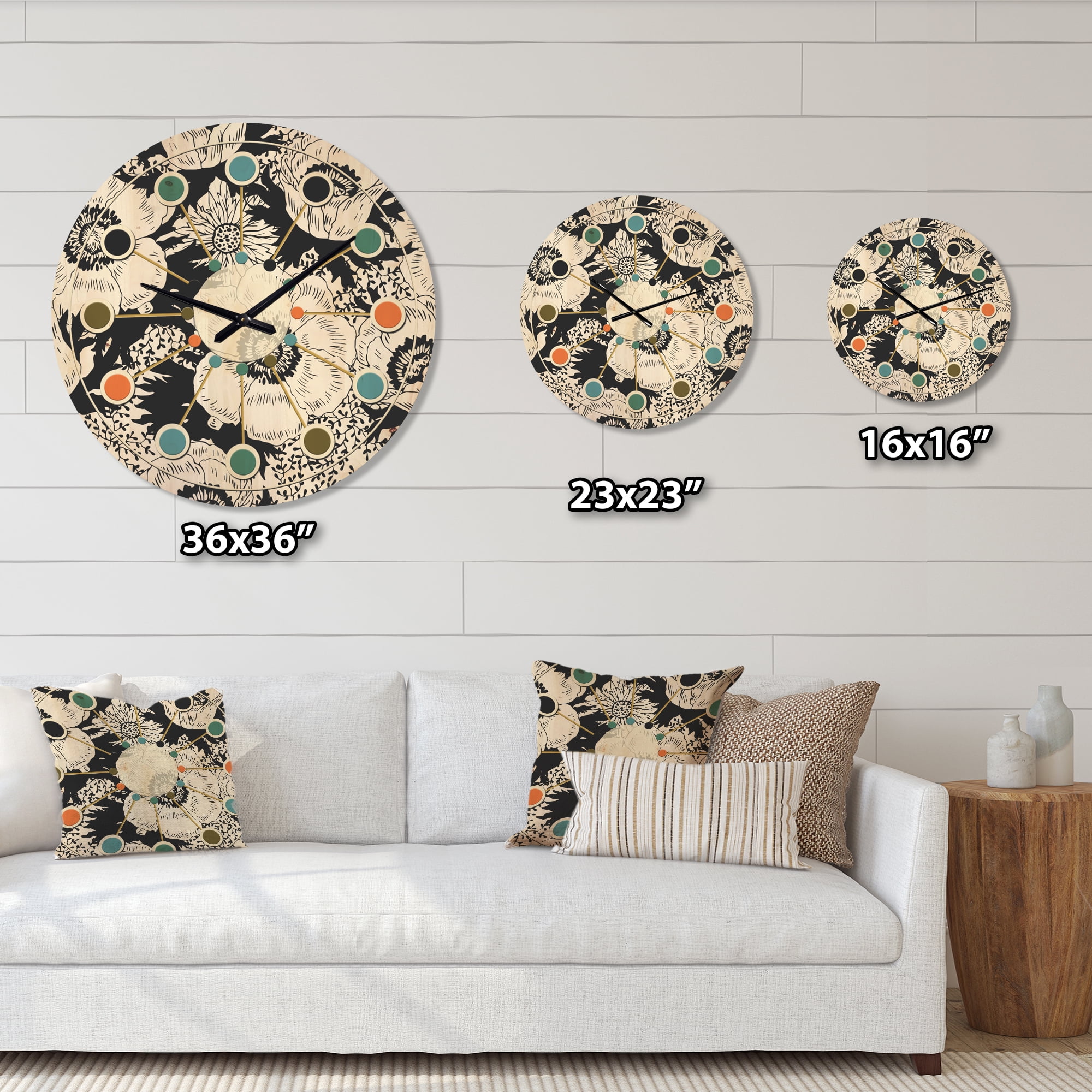 Designart 'Retro Black and White Flowers Pattern' Mid-Century Modern Wood Wall Clock