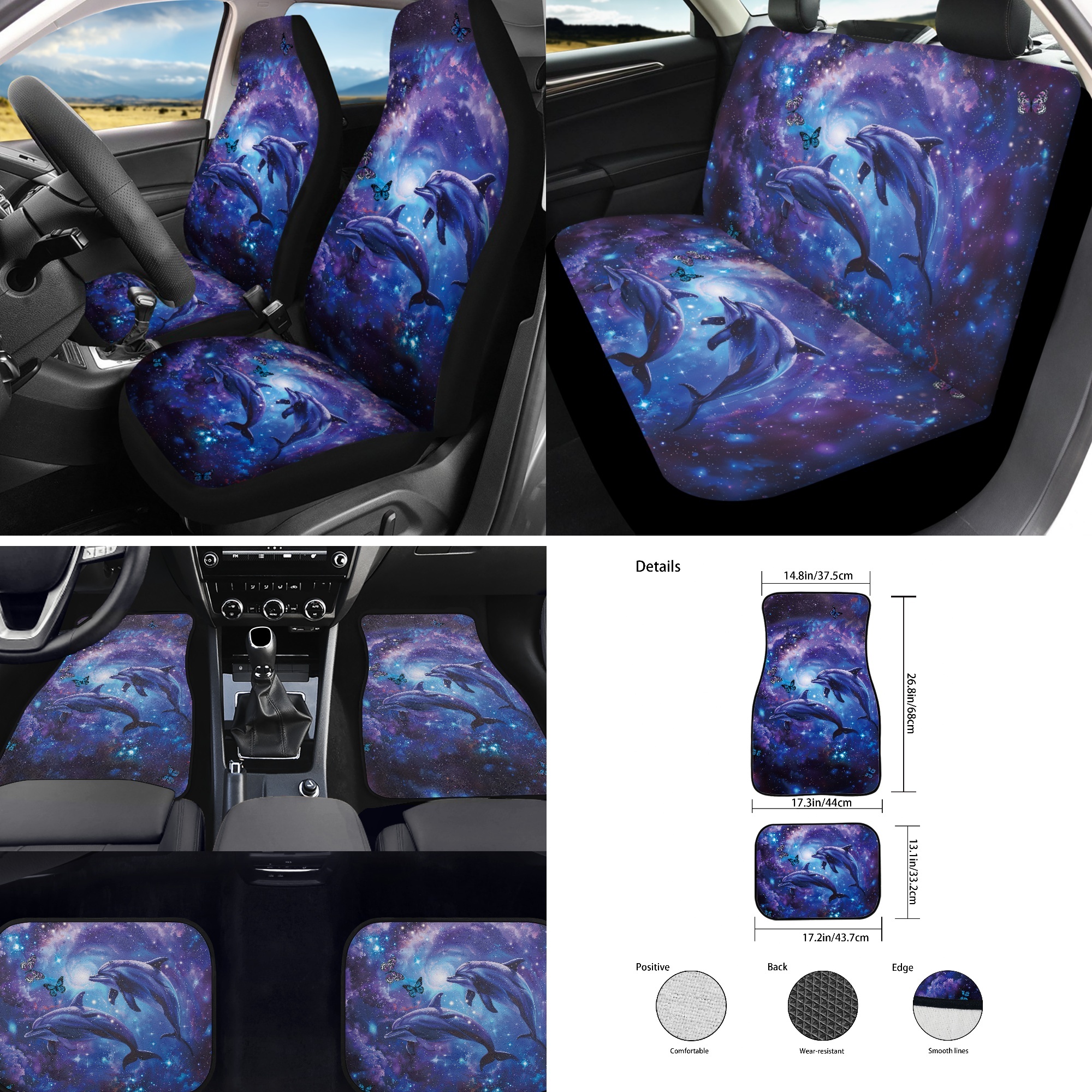 Jeiento Dolphin 17 Pcs Car Interior Sets, Car Seat Covers Full Set with Floor Mats Carpets Arm Rest Cover Seat Belt Cover Galaxy Sky Coaster, Universal Fits for Most Cars Truck SUV Sedan